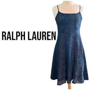Lauren Ralph Lauren Navy Patterned Midi Slip Dress with Spaghetti Straps